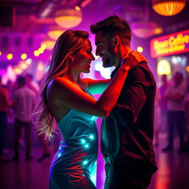 Create an image depicting a passionate and electrifying dance scene between two people in a vibrant, neon-lit night setting