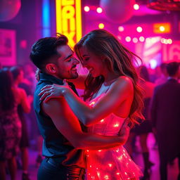 Create an image depicting a passionate and electrifying dance scene between two people in a vibrant, neon-lit night setting