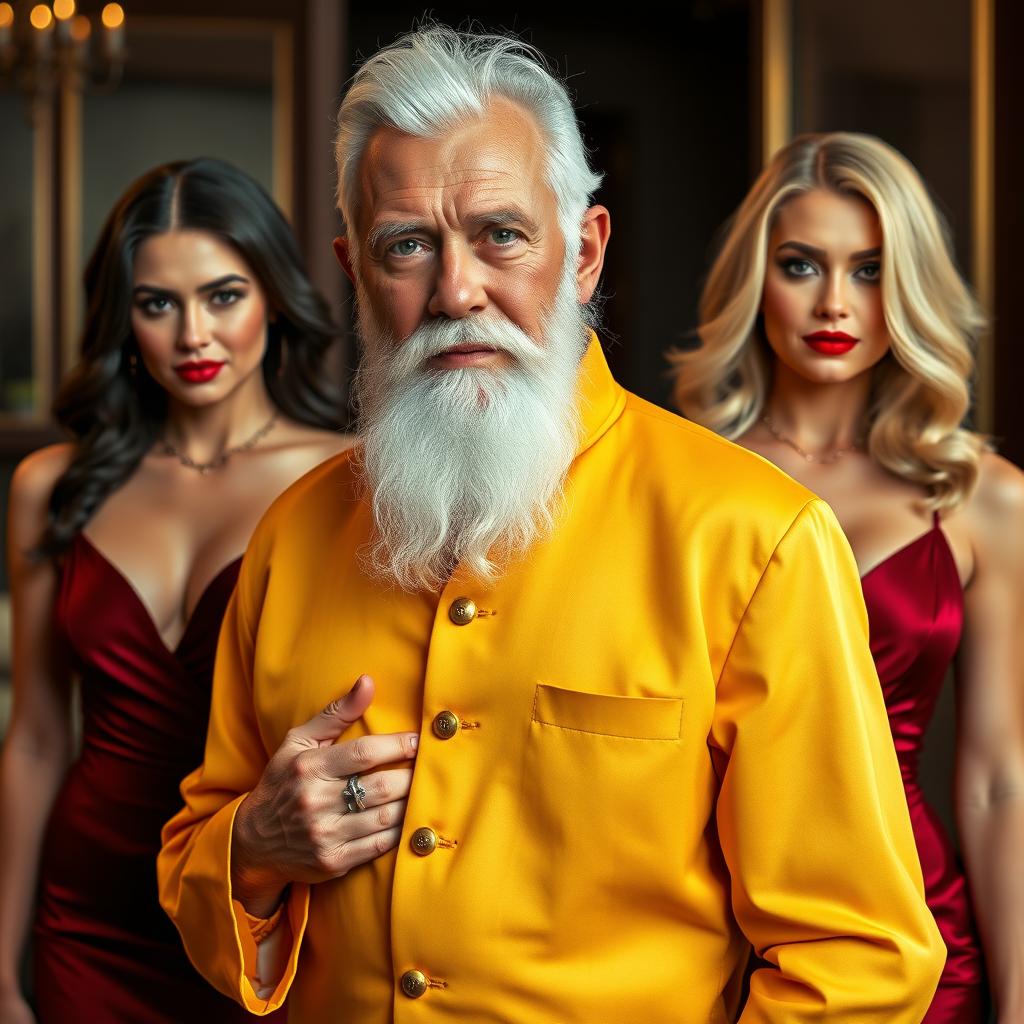 A grandfather with a white beard wearing a yellow outfit, accompanied by two attractive women in sexy red and maroon outfits