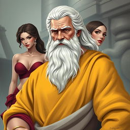 A depiction of Zeus as an elderly grandfather with a white beard, wearing a yellow outfit