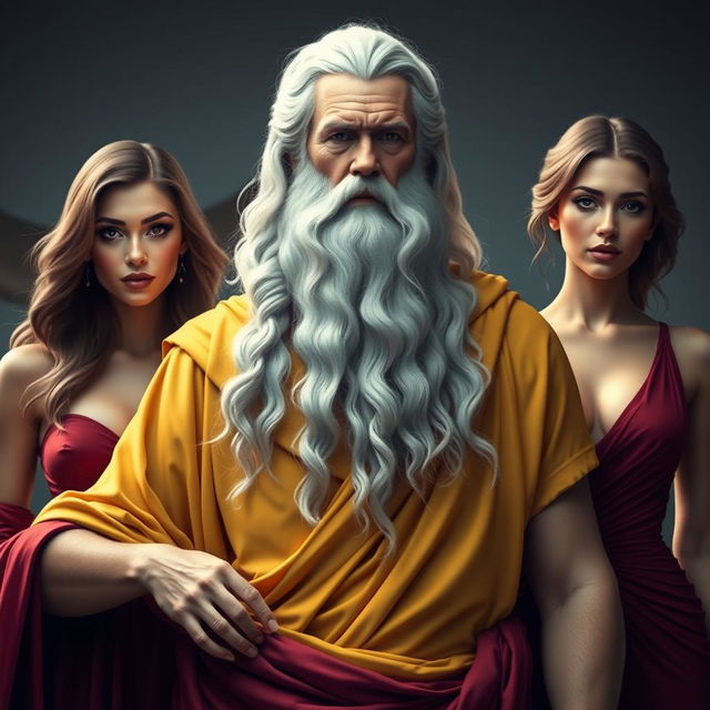 A depiction of Zeus as an elderly grandfather with a white beard, wearing a yellow outfit