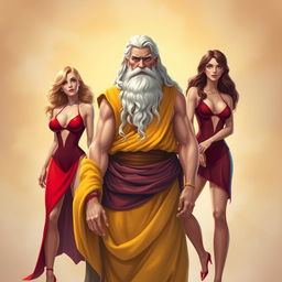 A depiction of Zeus as an elderly grandfather with a white beard, wearing a yellow outfit