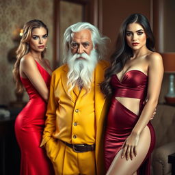 An elderly grandfather with a white beard, dressed in a yellow outfit, standing alongside two attractive women in sexy red and maroon outfits