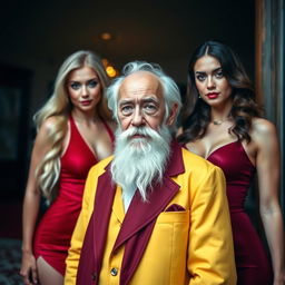 An elderly grandfather with a white beard, dressed in a yellow outfit, standing alongside two attractive women in sexy red and maroon outfits