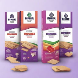 Create a product packaging design for the brand BINGUCRAX with a purple or white background