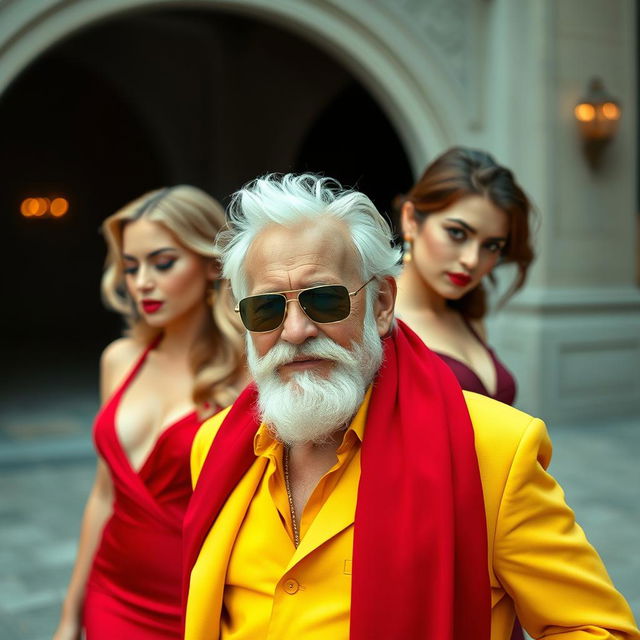 A grandfather with a white beard, wearing sunglasses and a yellow outfit