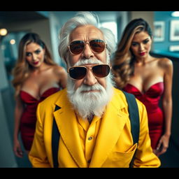 A grandfather with a white beard, wearing sunglasses and a yellow outfit