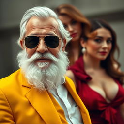 A grandfather with a white beard, wearing sunglasses and a yellow outfit