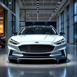 A sleek and futuristic 2025 Ford Falcon displayed at a modern car dealership