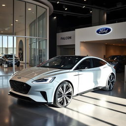 A sleek and futuristic 2025 Ford Falcon displayed at a modern car dealership