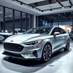 A sleek and futuristic 2025 Ford Falcon displayed at a modern car dealership