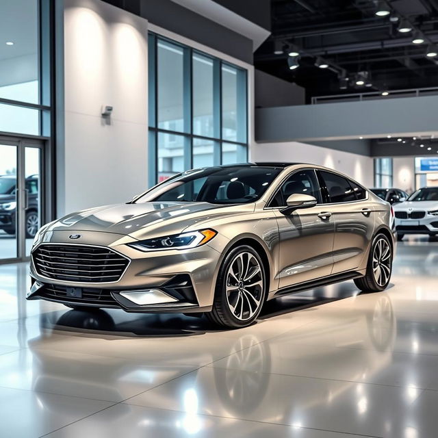 A sleek and futuristic 2025 Ford Falcon displayed at a modern car dealership