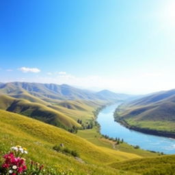 Create a beautiful landscape featuring rolling hills, a clear blue sky, and a peaceful river flowing through the valley