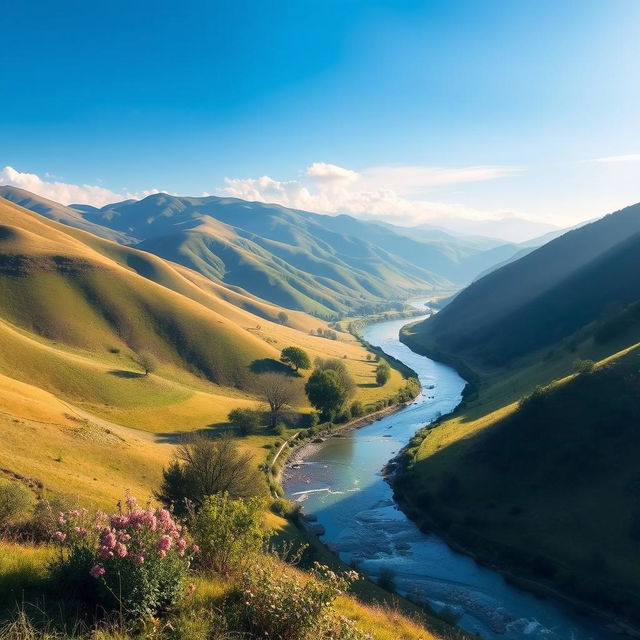 Create a beautiful landscape featuring rolling hills, a clear blue sky, and a peaceful river flowing through the valley