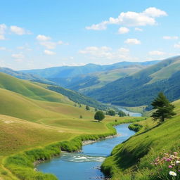 Create a beautiful landscape featuring rolling hills, a clear blue sky, and a peaceful river flowing through the valley