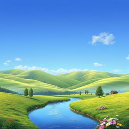 Create a beautiful landscape featuring rolling hills, a clear blue sky, and a peaceful river flowing through the valley