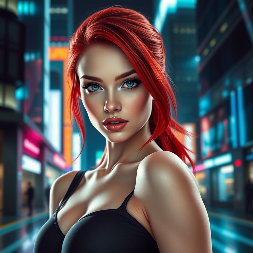 A stunning and alluring female model with striking red hair, porcelain skin, and piercing green eyes