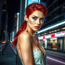 A stunning and alluring female model with striking red hair, porcelain skin, and piercing green eyes