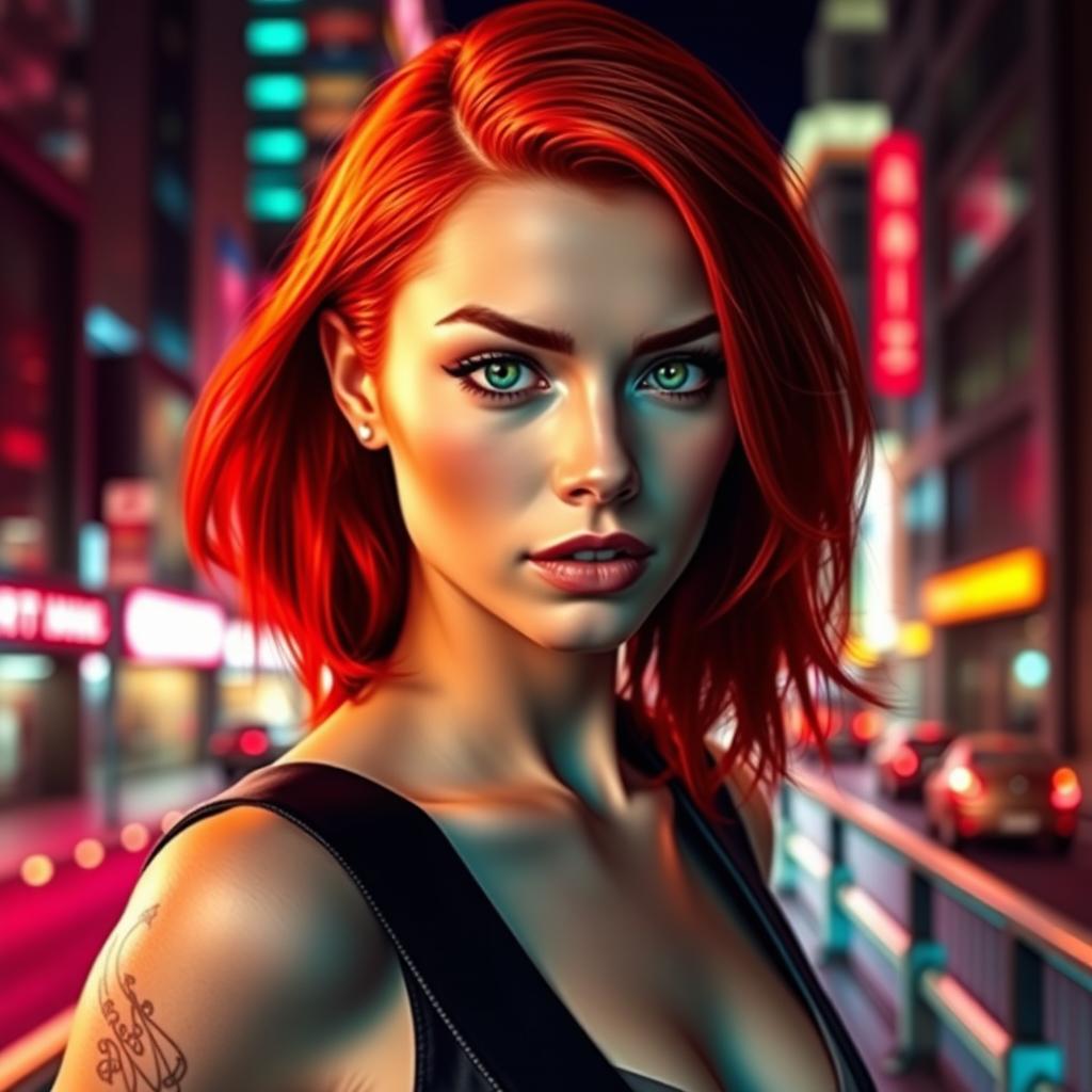 A stunning and alluring female model with striking red hair, porcelain skin, and piercing green eyes