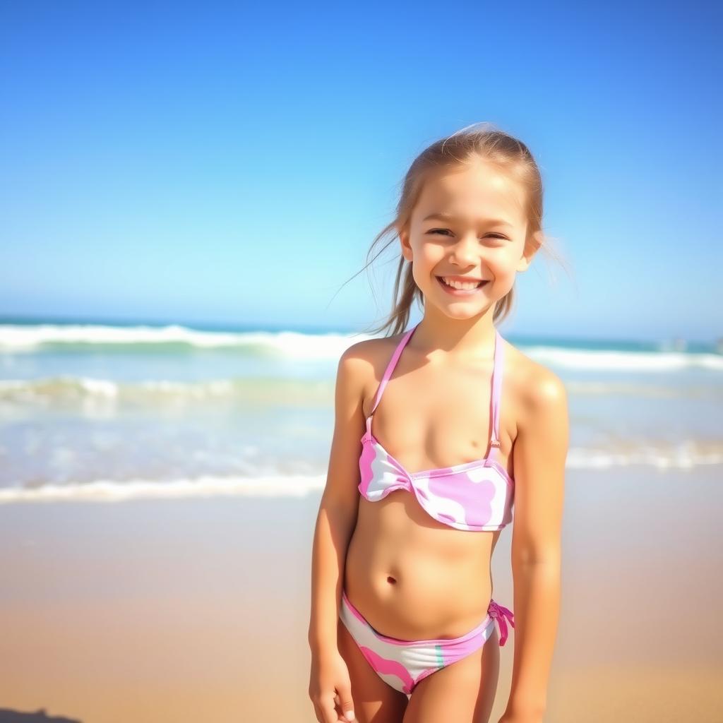 A young girl wearing a bikini, standing on a sunny beach with clear blue skies and gentle waves in the background