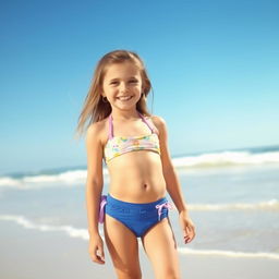 A young girl wearing a bikini, standing on a sunny beach with clear blue skies and gentle waves in the background