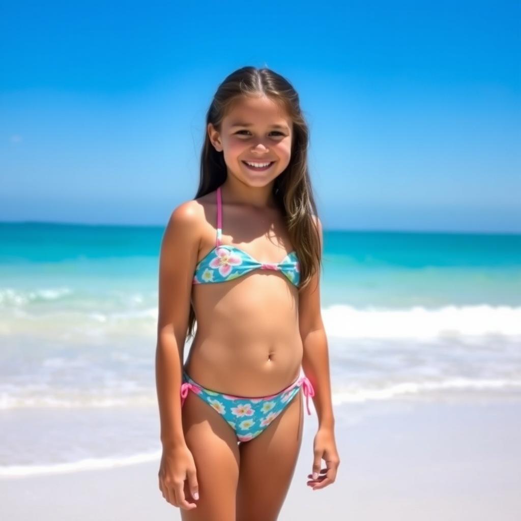 A young girl wearing a bikini, standing on a sunny beach with clear blue skies and gentle waves in the background