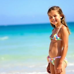 A young girl wearing a bikini, standing on a sunny beach with clear blue skies and gentle waves in the background