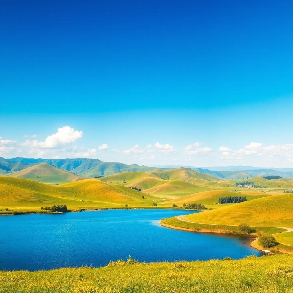 Create a beautiful landscape featuring rolling hills, a clear blue sky, and a serene lake in the foreground