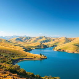 Create a beautiful landscape featuring rolling hills, a clear blue sky, and a serene lake in the foreground