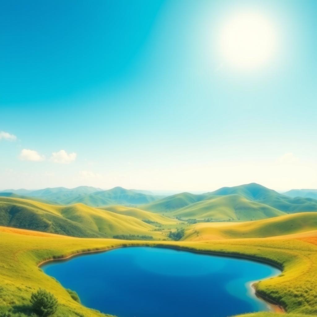 Create a beautiful landscape featuring rolling hills, a clear blue sky, and a serene lake in the foreground