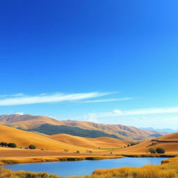 Create a beautiful landscape featuring rolling hills, a clear blue sky, and a serene lake in the foreground