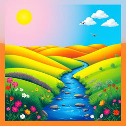 A vibrant and colorful scene depicting a serene landscape with rolling hills, a clear blue sky, and a bright sun