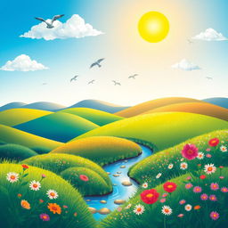 A vibrant and colorful scene depicting a serene landscape with rolling hills, a clear blue sky, and a bright sun