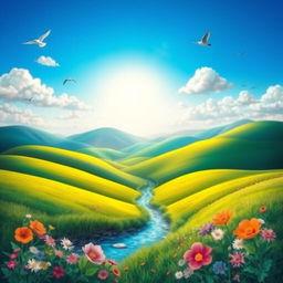 A vibrant and colorful scene depicting a serene landscape with rolling hills, a clear blue sky, and a bright sun