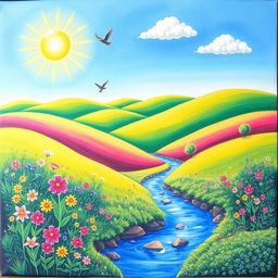 A vibrant and colorful scene depicting a serene landscape with rolling hills, a clear blue sky, and a bright sun