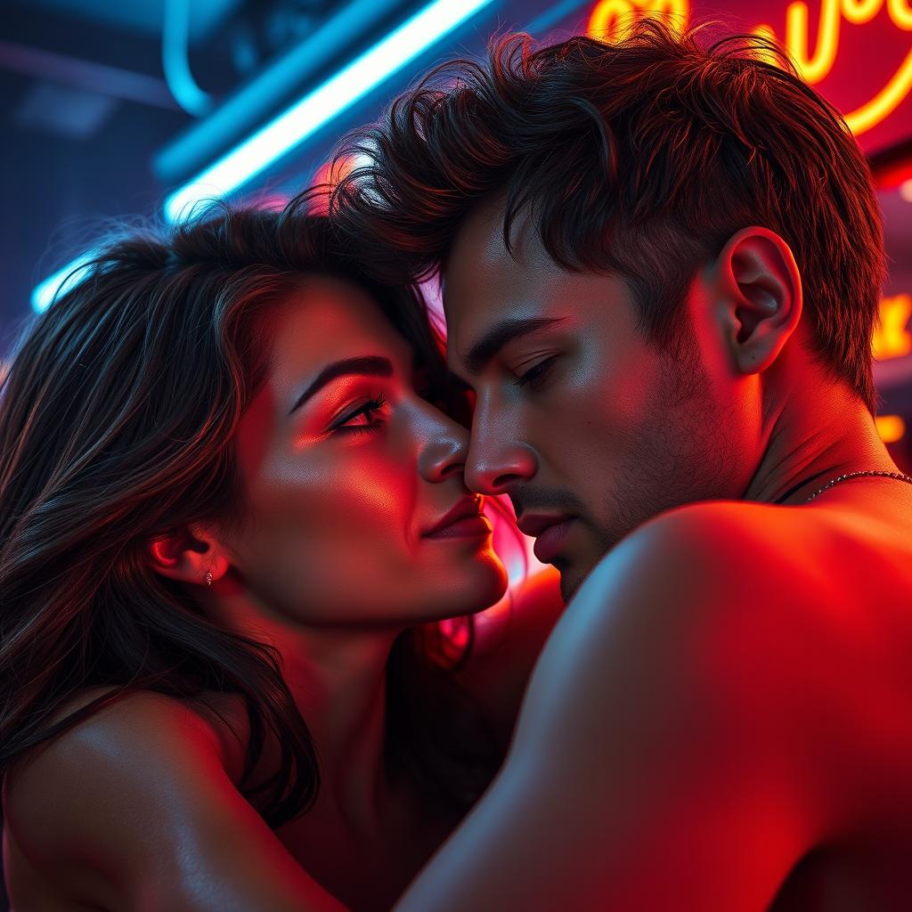 Create a highly detailed photorealistic image of a couple with eyes open, looking into each other's eyes