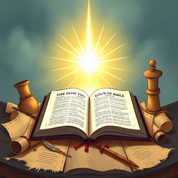 An illustration depicting the wisdom of the Bible, featuring an open Bible with a radiant light emanating from it, surrounded by ancient scrolls, quills, and a serene background symbolizing peace and knowledge