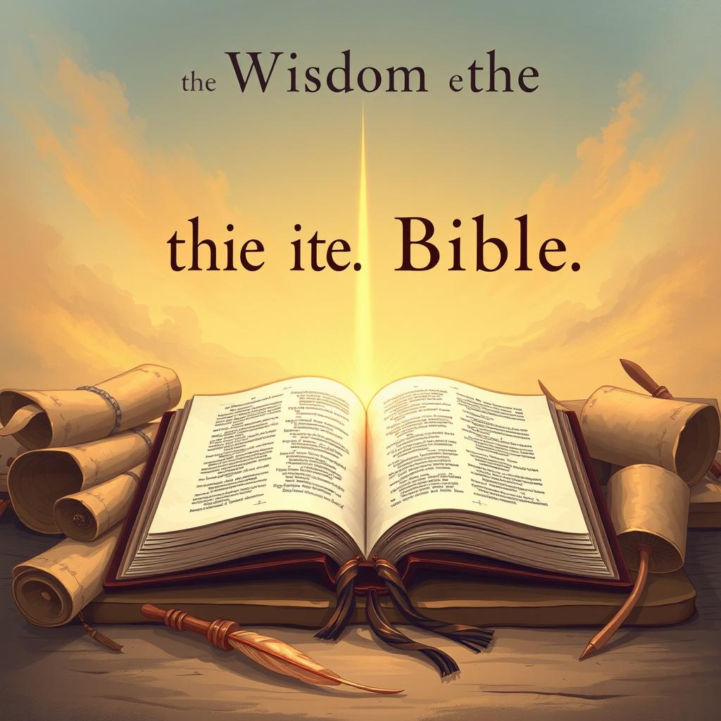 An illustration depicting the wisdom of the Bible, featuring an open Bible with a radiant light emanating from it, surrounded by ancient scrolls, quills, and a serene background symbolizing peace and knowledge