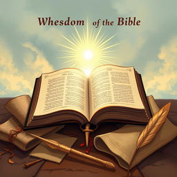 An illustration depicting the wisdom of the Bible, featuring an open Bible with a radiant light emanating from it, surrounded by ancient scrolls, quills, and a serene background symbolizing peace and knowledge