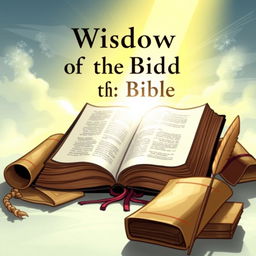 An illustration depicting the wisdom of the Bible, featuring an open Bible with a radiant light emanating from it, surrounded by ancient scrolls, quills, and a serene background symbolizing peace and knowledge