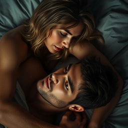 Create a highly detailed photorealistic image of a couple with eyes open, looking deeply into each other's eyes