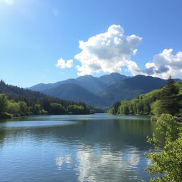 Create a beautiful landscape featuring a serene lake surrounded by lush green trees and mountains in the background