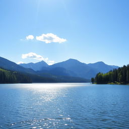 Create a beautiful landscape featuring a serene lake surrounded by lush green trees and mountains in the background