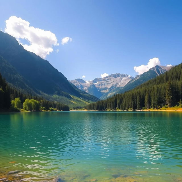 Create a beautiful landscape featuring a serene lake surrounded by lush green trees and mountains in the background