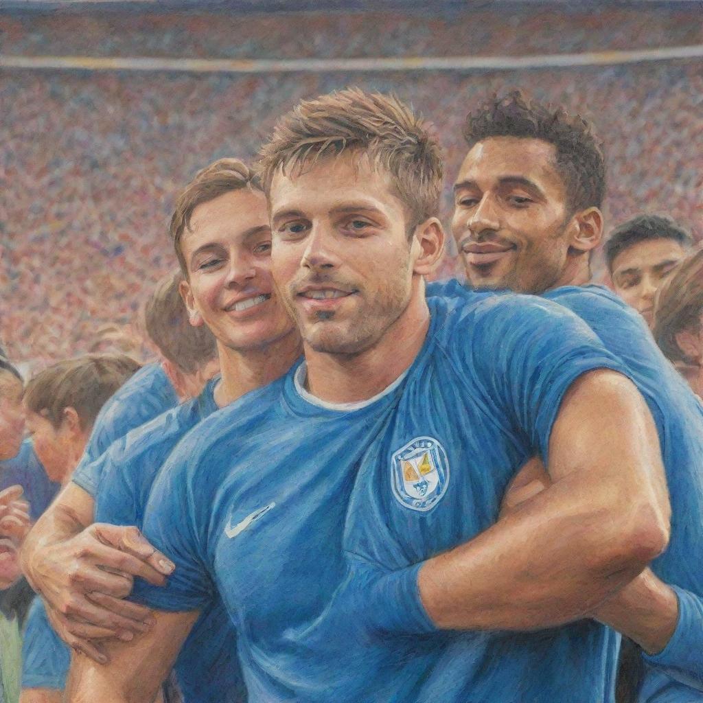 Transform the vibrant image of footballers embracing their fans into a colored pencil sketch, preserving the warmth of the scene, the crowd, and the bright stadium lights.