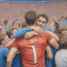 Transform the vibrant image of footballers embracing their fans into a colored pencil sketch, preserving the warmth of the scene, the crowd, and the bright stadium lights.