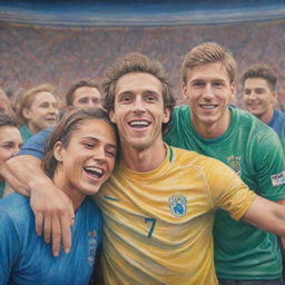 Transform the vibrant image of footballers embracing their fans into a colored pencil sketch, preserving the warmth of the scene, the crowd, and the bright stadium lights.