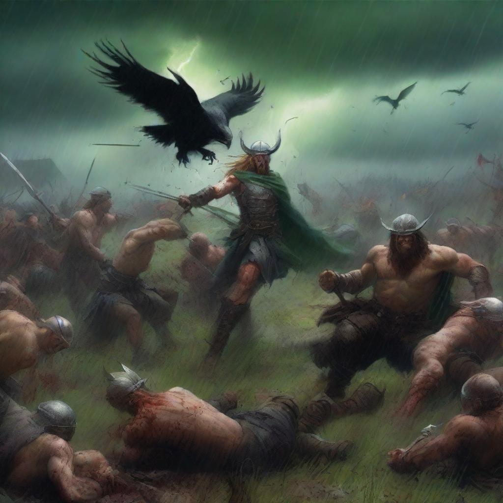 A dramatic scene featuring warriors and vikings engaged in a fierce battle with demons on green fields