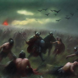 A dramatic scene featuring warriors and vikings engaged in a fierce battle with demons on green fields