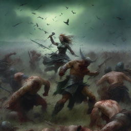 A dramatic and intense scene featuring warriors and vikings engaged in a fierce battle with demons on green fields